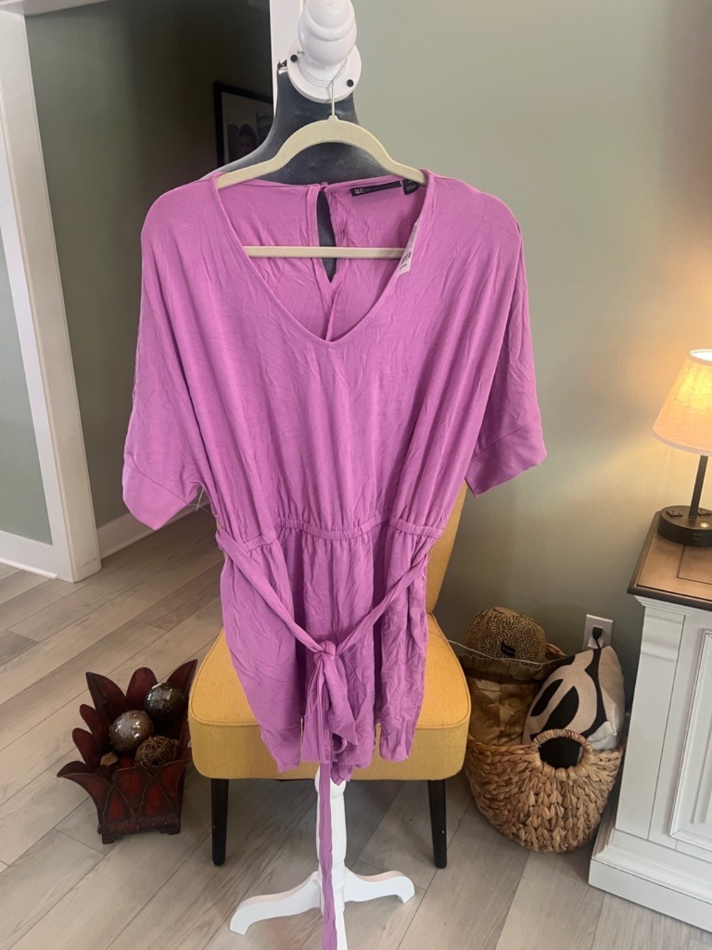 New York & Company Lilac V-Neck Tie-Waist Romper